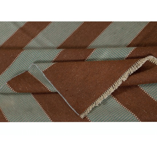 Flat-Weave Vintage Kilim in Brown & Green, Hand-Woven Striped Turkish Rug, 100% Wool