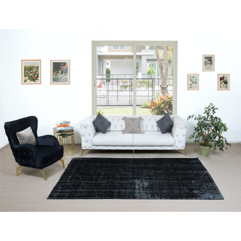 Distressed Black Modern Area Rug made of wool and cotton, Hand-Knotted in Turkey