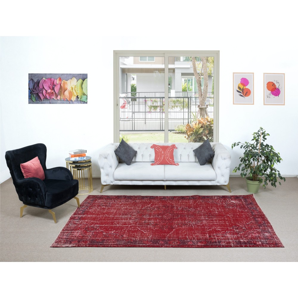 Contemporary Handmade Turkish Red Area Rug with Shabby Chic Style