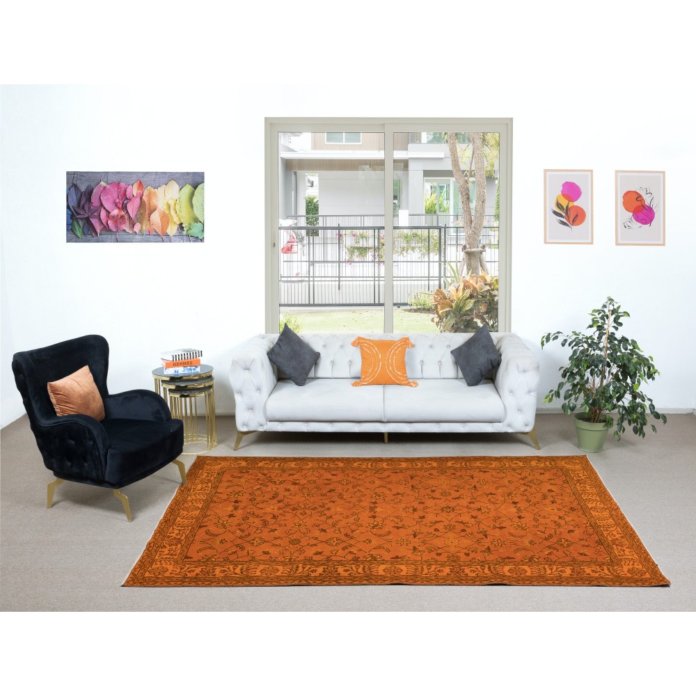Hand-Made Turkish Area Rug in Orange, Modern Upcycled Carpet with Floral Design