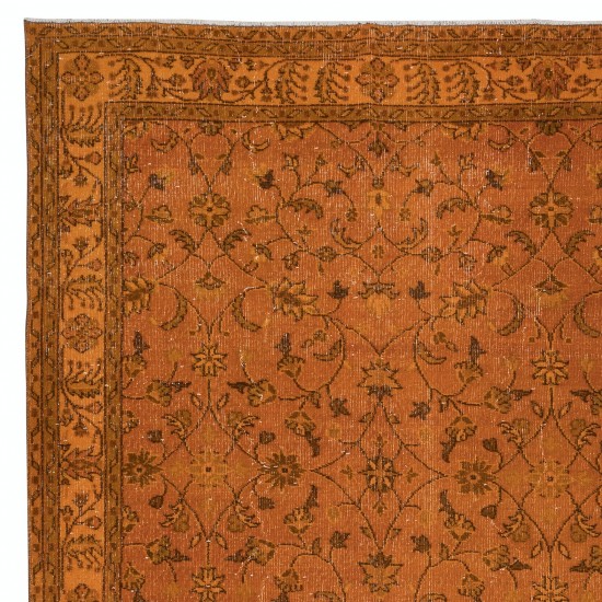 Hand-Made Turkish Area Rug in Orange, Modern Upcycled Carpet with Floral Design