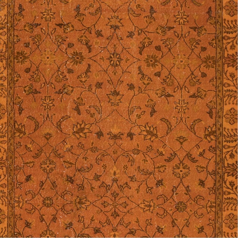 Hand-Made Turkish Area Rug in Orange, Modern Upcycled Carpet with Floral Design