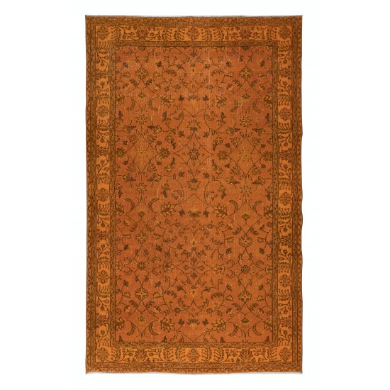 Hand-Made Turkish Area Rug in Orange, Modern Upcycled Carpet with Floral Design