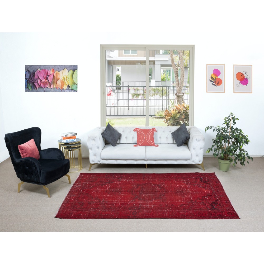 Dark Red Turkish Area Rug for Living Room, Modern Handmade Carpet for Dining Room, Kitchen Floor Covering