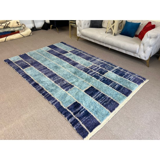 Contemporary Hand Knotted Tulu Rug in Blue Tones, 100% Wool, Custom Options Available