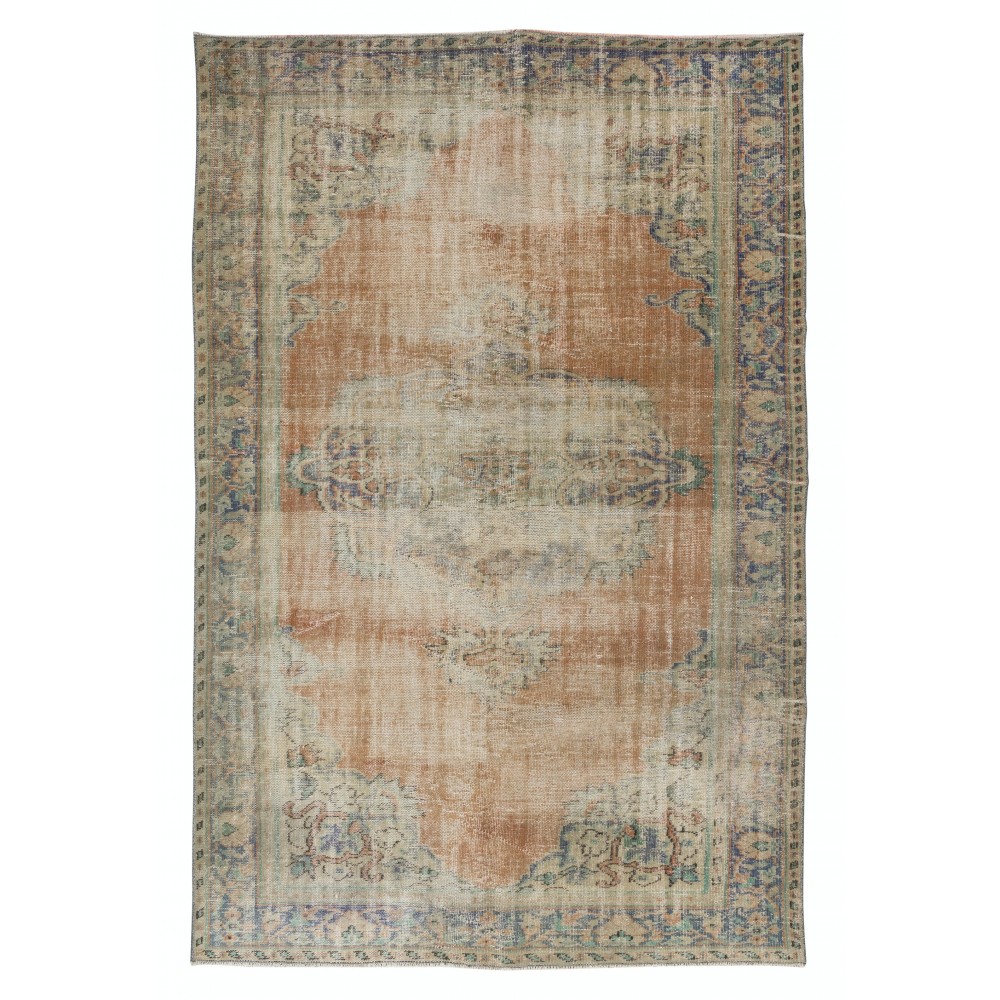 Sun Faded Handmade Anatolian Oushak Rug, Circa 1950, Vintage Shabby Chic Wool Carpet