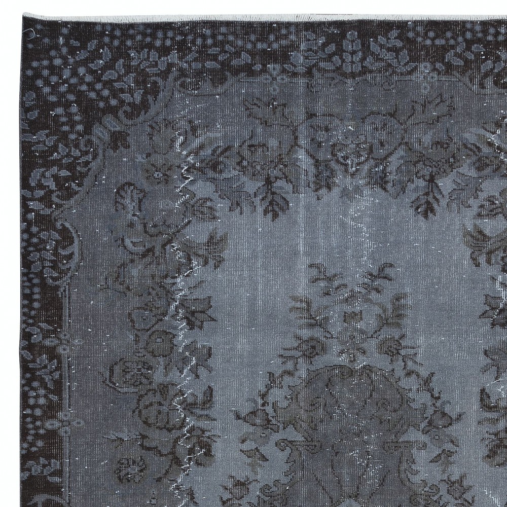 Modern Area Rug in Gray & Black, Room-Size Overdyed Carpet, Handmade Living Room Carpet