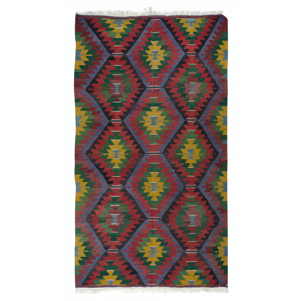 Vintage Handwoven Turkish Wool Kilim 'Flat Weave' with Geometric Patterns