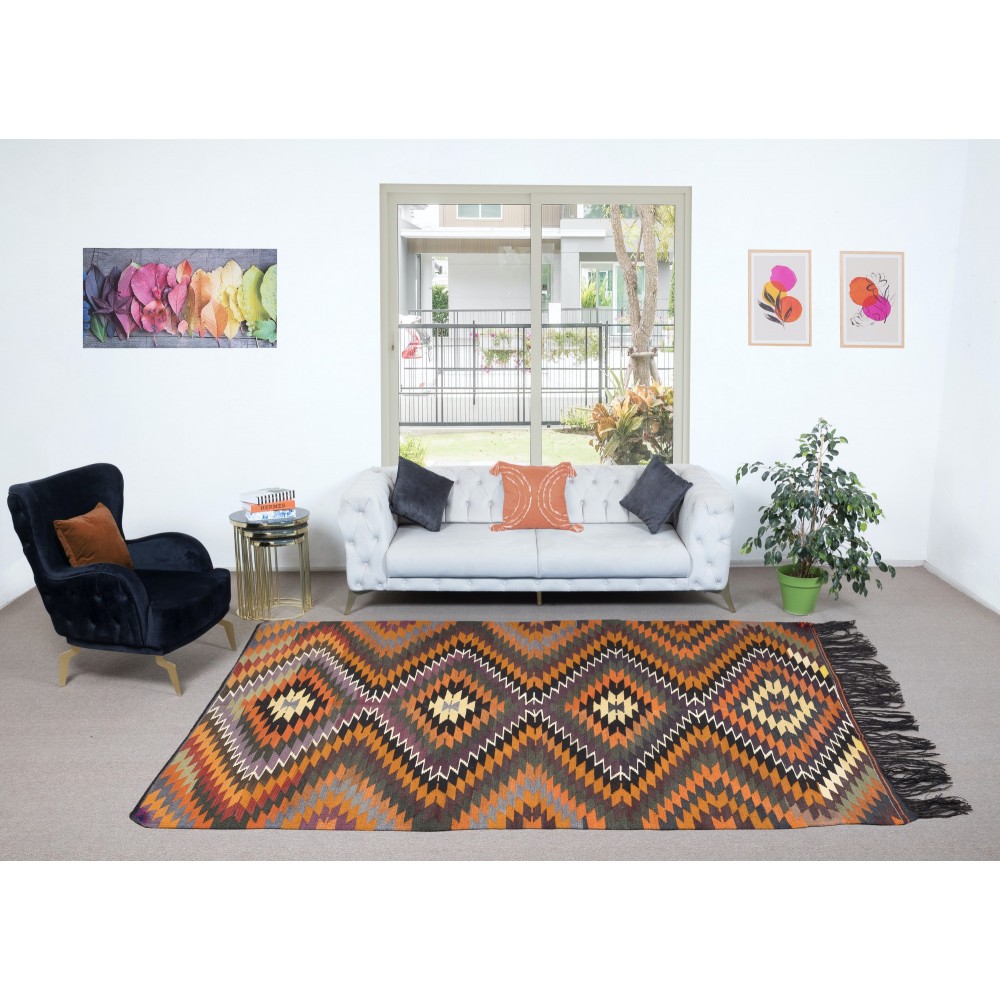 Hand-Woven Anatolian Kilim, All Wool, Vintage Multicolor Rug with Diamond Design