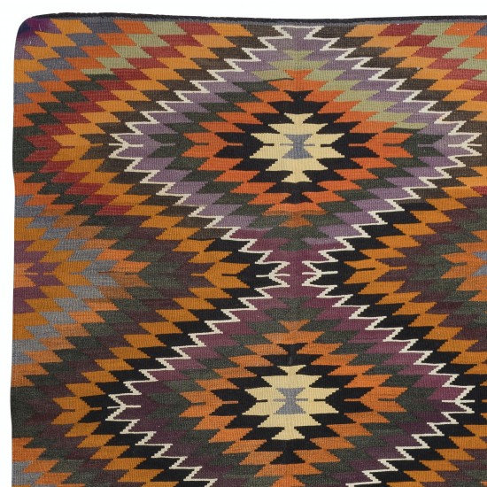 Hand-Woven Anatolian Kilim, All Wool, Vintage Multicolor Rug with Diamond Design