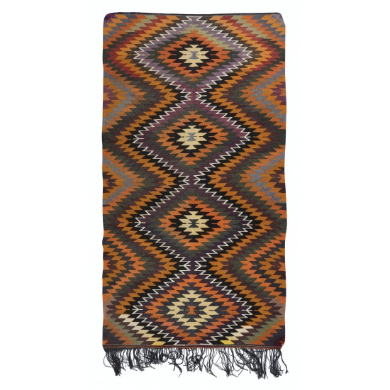 Hand-Woven Anatolian Kilim, All Wool, Vintage Multicolor Rug with Diamond Design