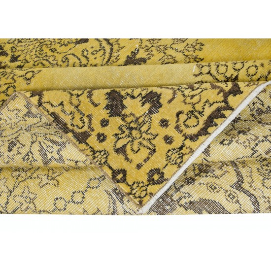 Yellow Handmade Area Rug for Modern Interiors, Vintage Turkish Medallion Design Carpet