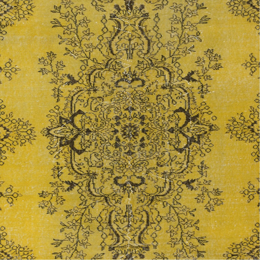 Yellow Handmade Area Rug for Modern Interiors, Vintage Turkish Medallion Design Carpet