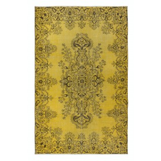 Yellow Handmade Area Rug for Modern Interiors, Vintage Turkish Medallion Design Carpet