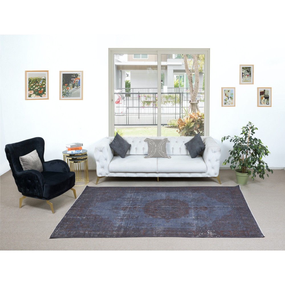 Handmade Blue Anatolian Area Rug with Medallion Design, Vintage Living Room Carpet