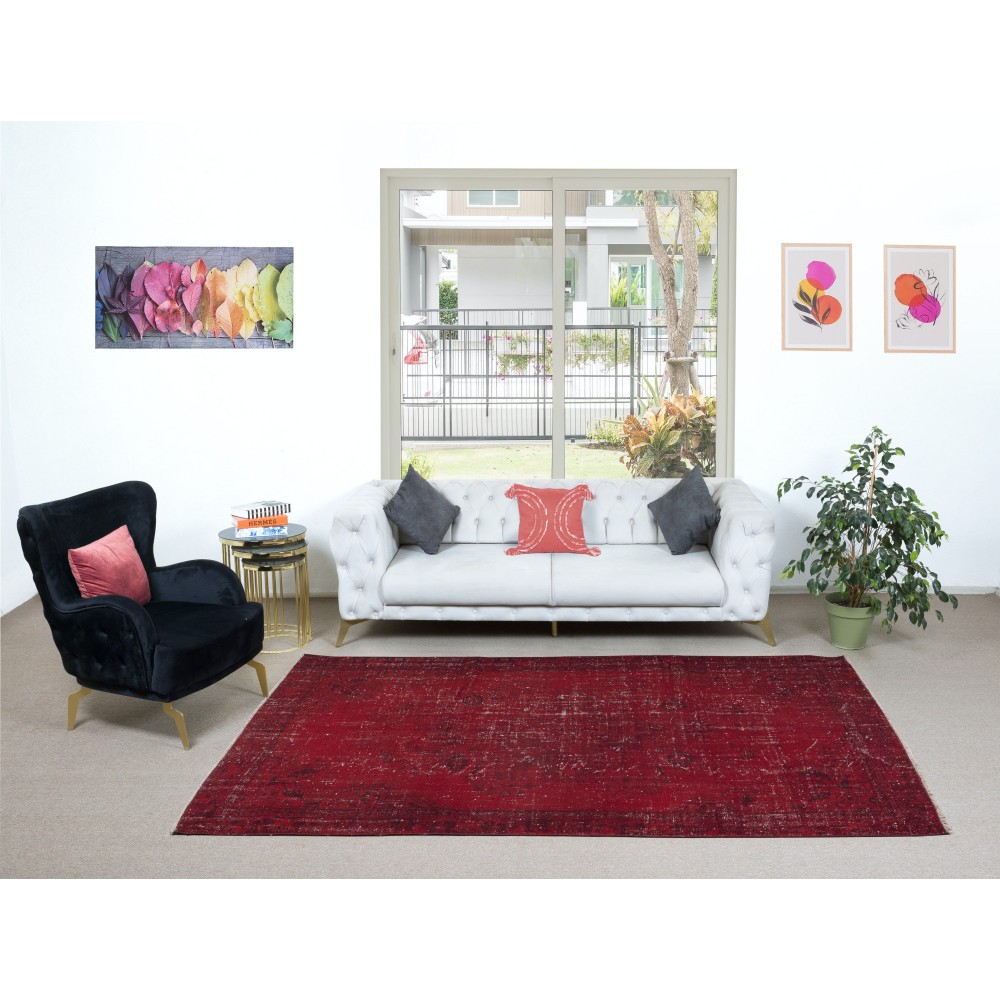 Handmade Turkish Dark Red Area Rug for Living Room, Modern Style Carpet for Dining Room