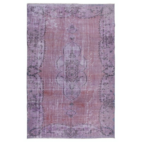 Ethnic Handmade Turkish Rug in Lilac Purple for Living Room Decor, Re-Dyed Modern Carpet