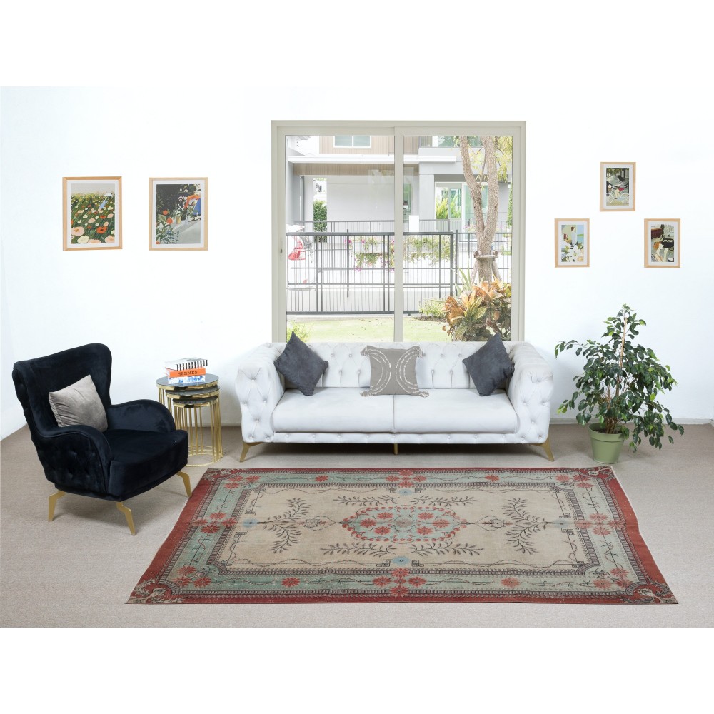 Vintage European Design Handmade Rug in Beige, Red and Green Colors