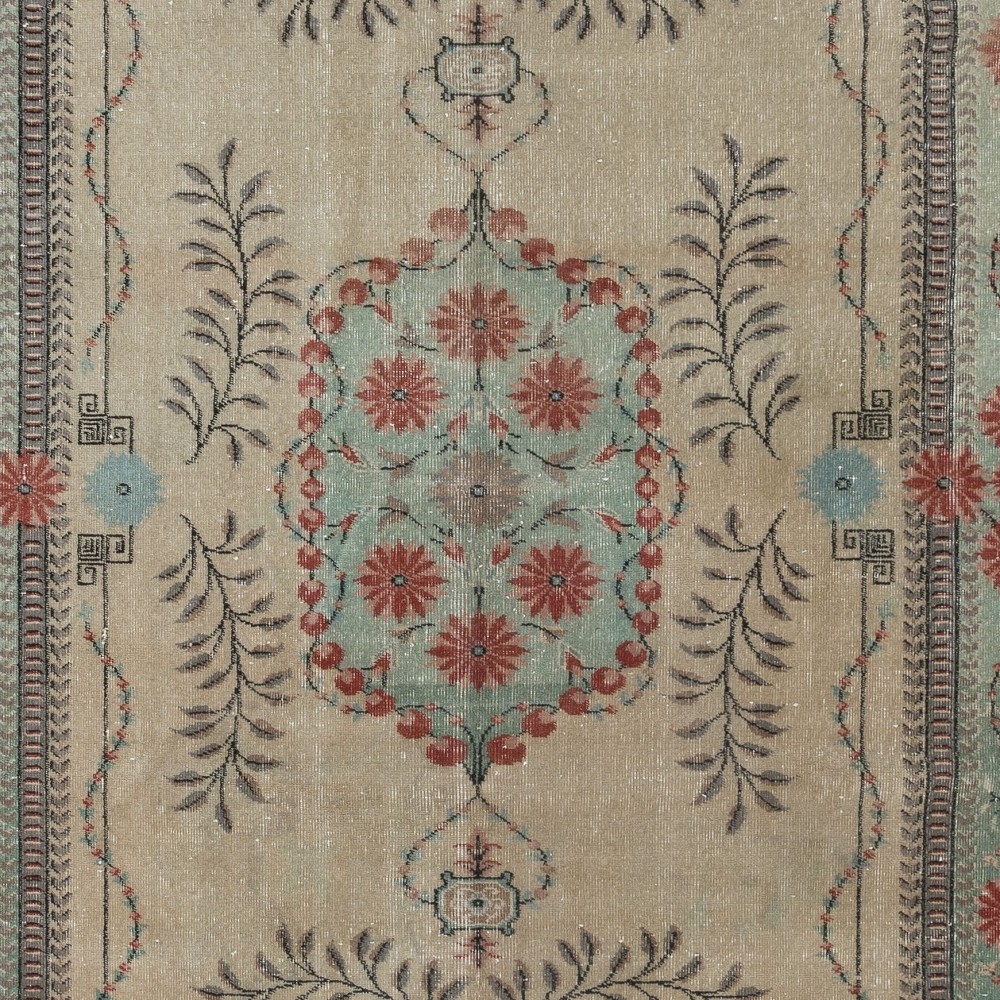 Vintage European Design Handmade Rug in Beige, Red and Green Colors