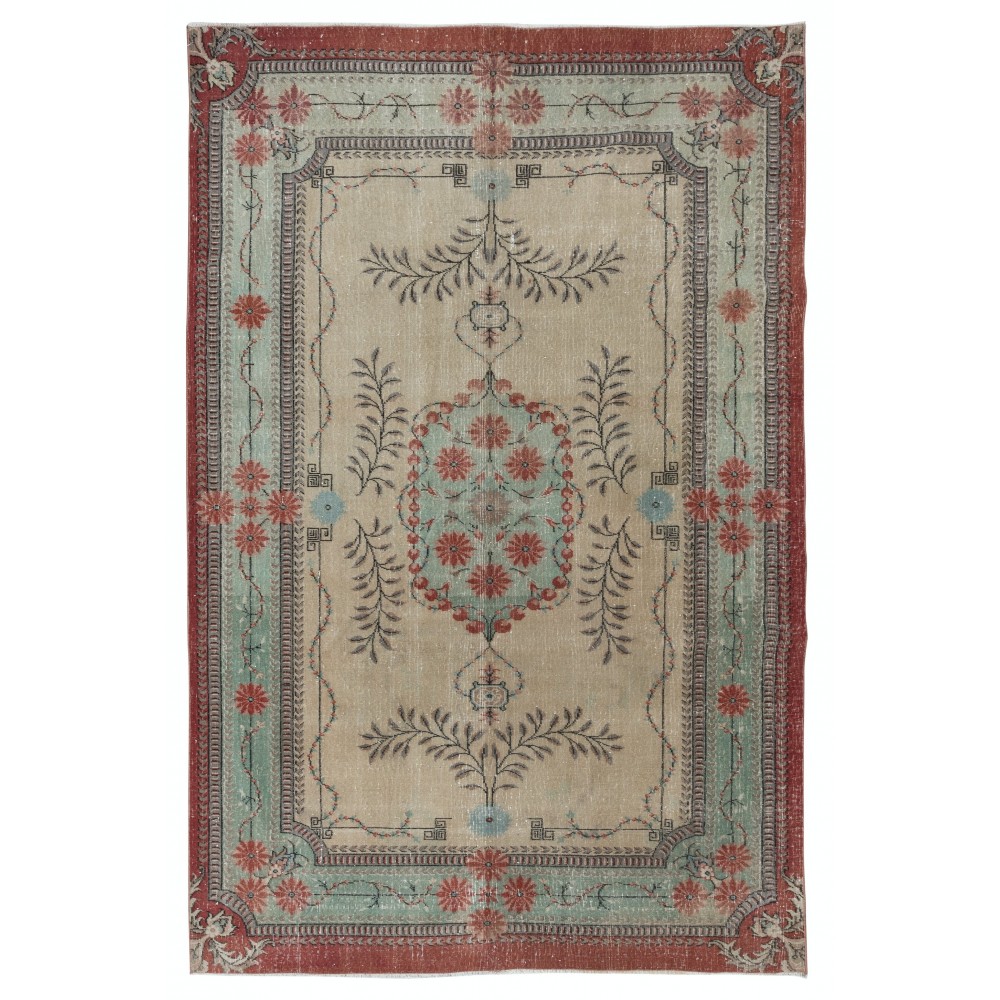 Vintage European Design Handmade Rug in Beige, Red and Green Colors