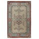 European Design Handmade Anatolian Rug, Vintage Deco Carpet, Beige, Red & Green Colors