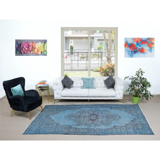 Contemporary Light Blue Area Rug, Room Size Overdyed Turkish Carpet, Handmade Living Room Carpet