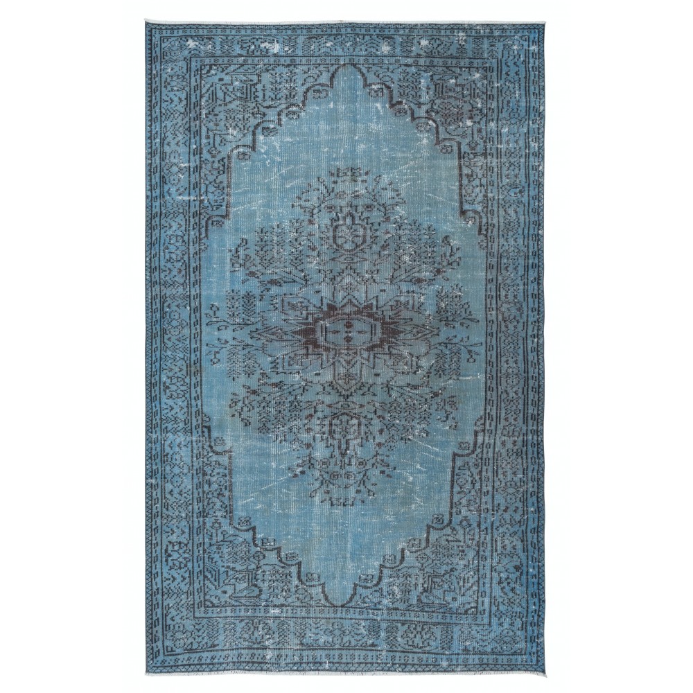 Contemporary Light Blue Area Rug, Room Size Overdyed Turkish Carpet, Handmade Living Room Carpet