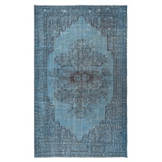 Contemporary Light Blue Area Rug, Room Size Overdyed Turkish Carpet, Handmade Living Room Carpet