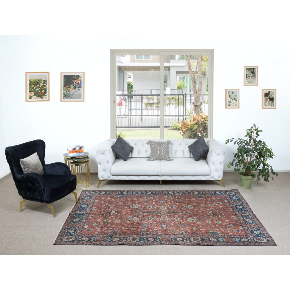 Vintage Handmade Turkish Rug in Red & Dark Blue with Botanical Design