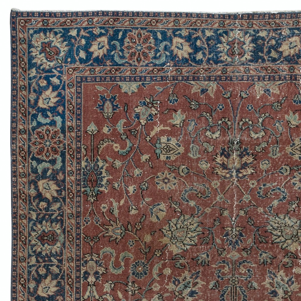 Vintage Handmade Turkish Rug in Red & Dark Blue with Botanical Design