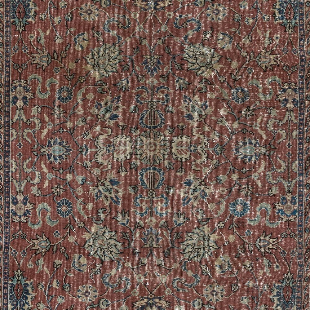 Vintage Handmade Turkish Rug in Red & Dark Blue with Botanical Design