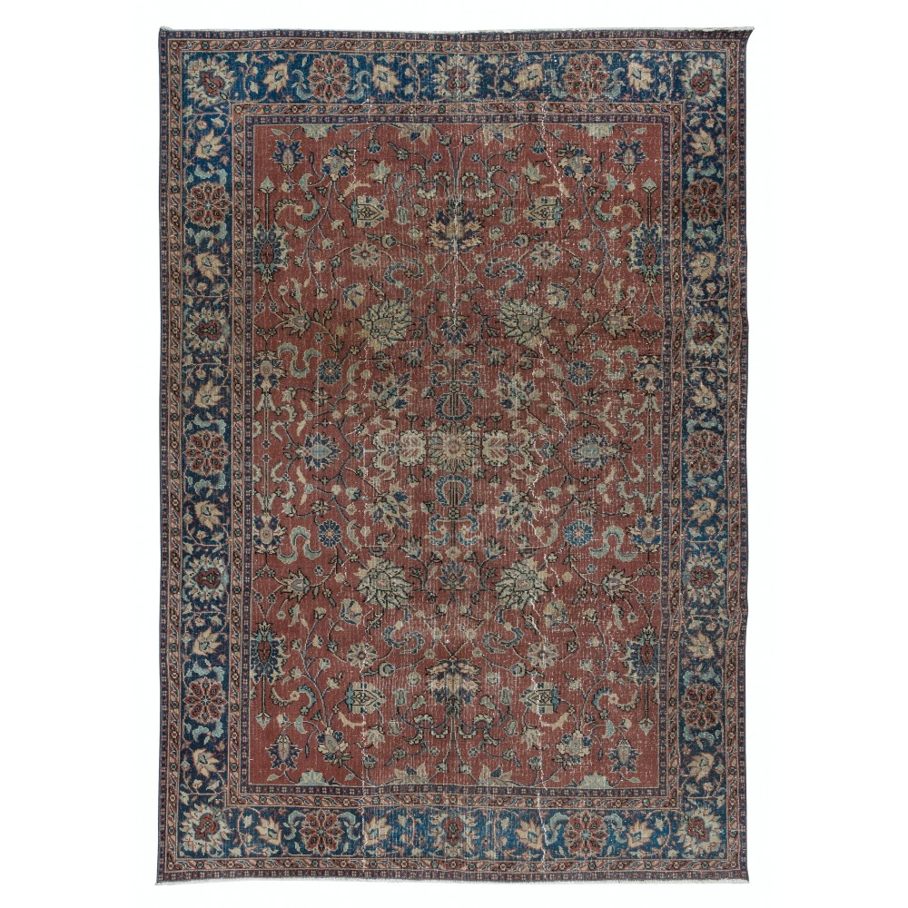 Vintage Handmade Turkish Rug in Red & Dark Blue with Botanical Design