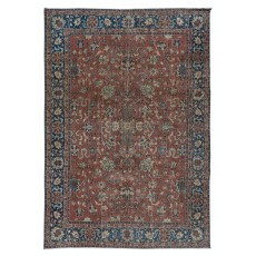 Vintage Handmade Turkish Rug in Red & Dark Blue with Botanical Design