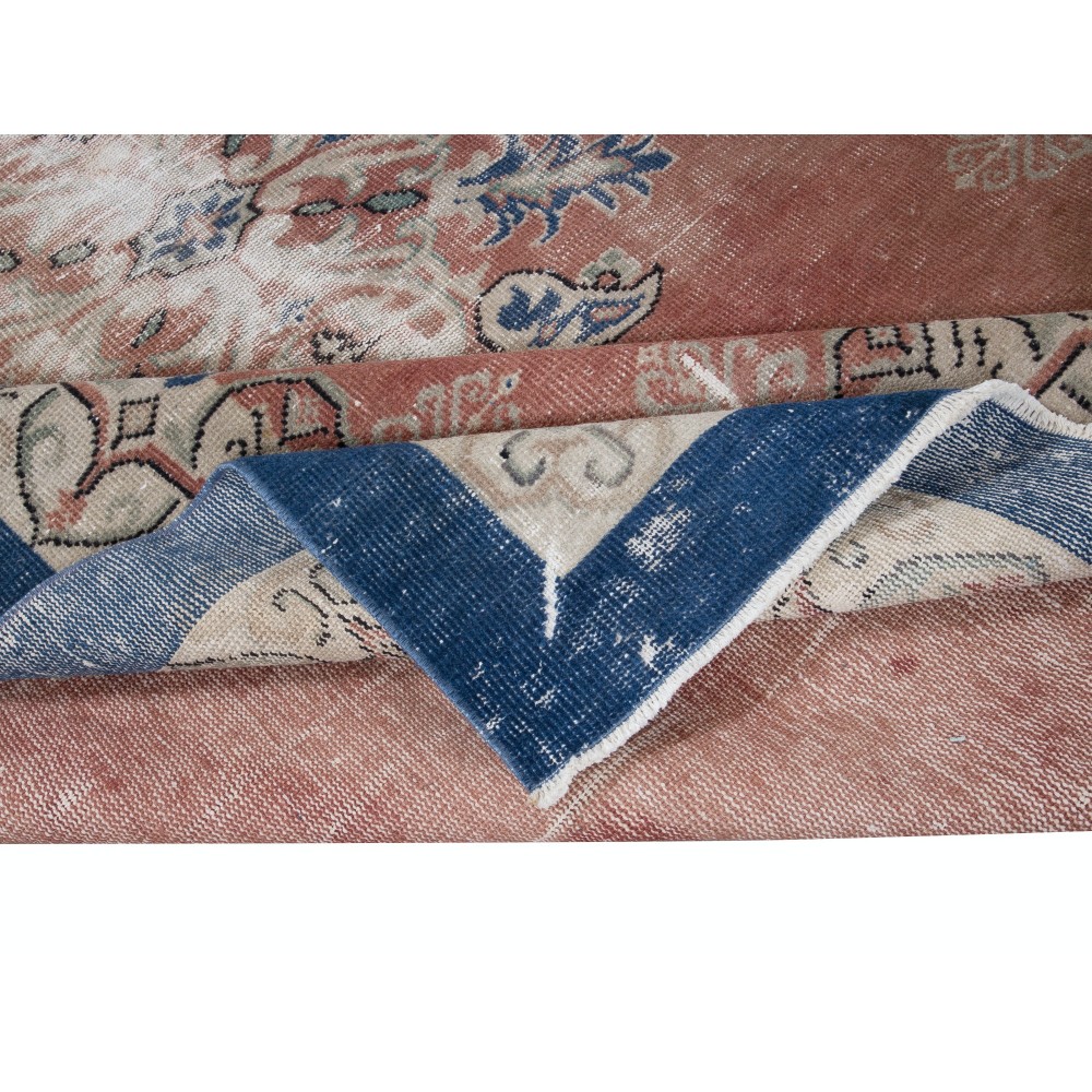 One of a kind Handmade Turkish Vintage Area Rug in Soft Red, Beige with Navy Blue Solid Border