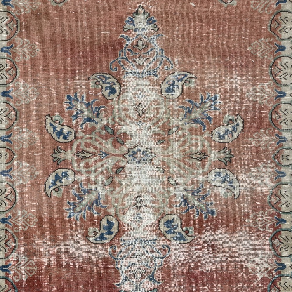 One of a kind Handmade Turkish Vintage Area Rug in Soft Red, Beige with Navy Blue Solid Border
