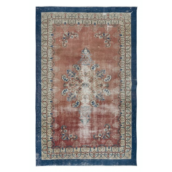 One of a kind Handmade Turkish Vintage Area Rug in Soft Red, Beige with Navy Blue Solid Border