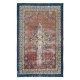 One of a kind Handmade Turkish Vintage Area Rug in Soft Red, Beige with Navy Blue Solid Border