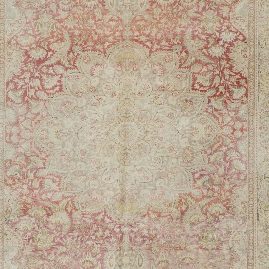 Outstanding Hand Knotted Turkish Area Rug in Beige & Red with Medallion Design