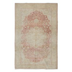 Vintage Hand Knotted Turkish Area Rug in Beige & Red with Medallion Design