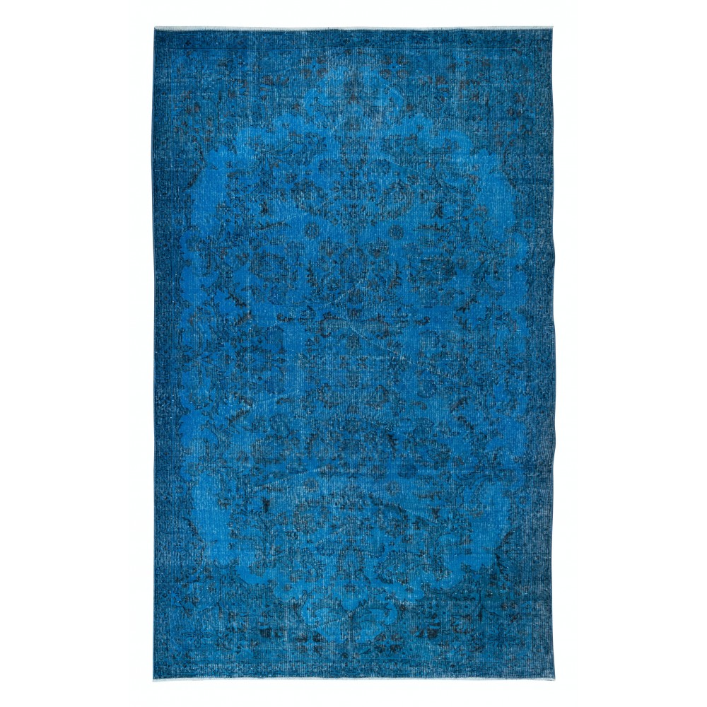 Floral Garden Design Handmade Turkish Area Rug Over-Dyed in Blue