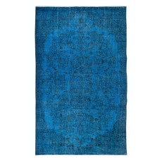 Floral Garden Design Handmade Turkish Area Rug Over-Dyed in Blue