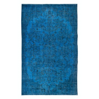 Floral Garden Design Handmade Turkish Area Rug Over-Dyed in Blue