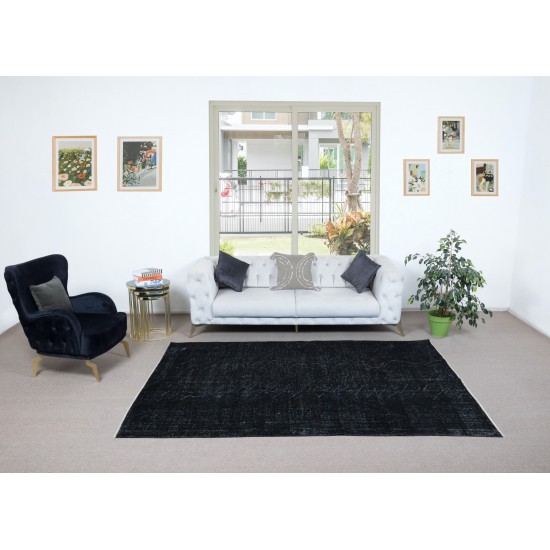 Plain Black Area Rug, Handknotted and Handwoven in Isparta, Turkey