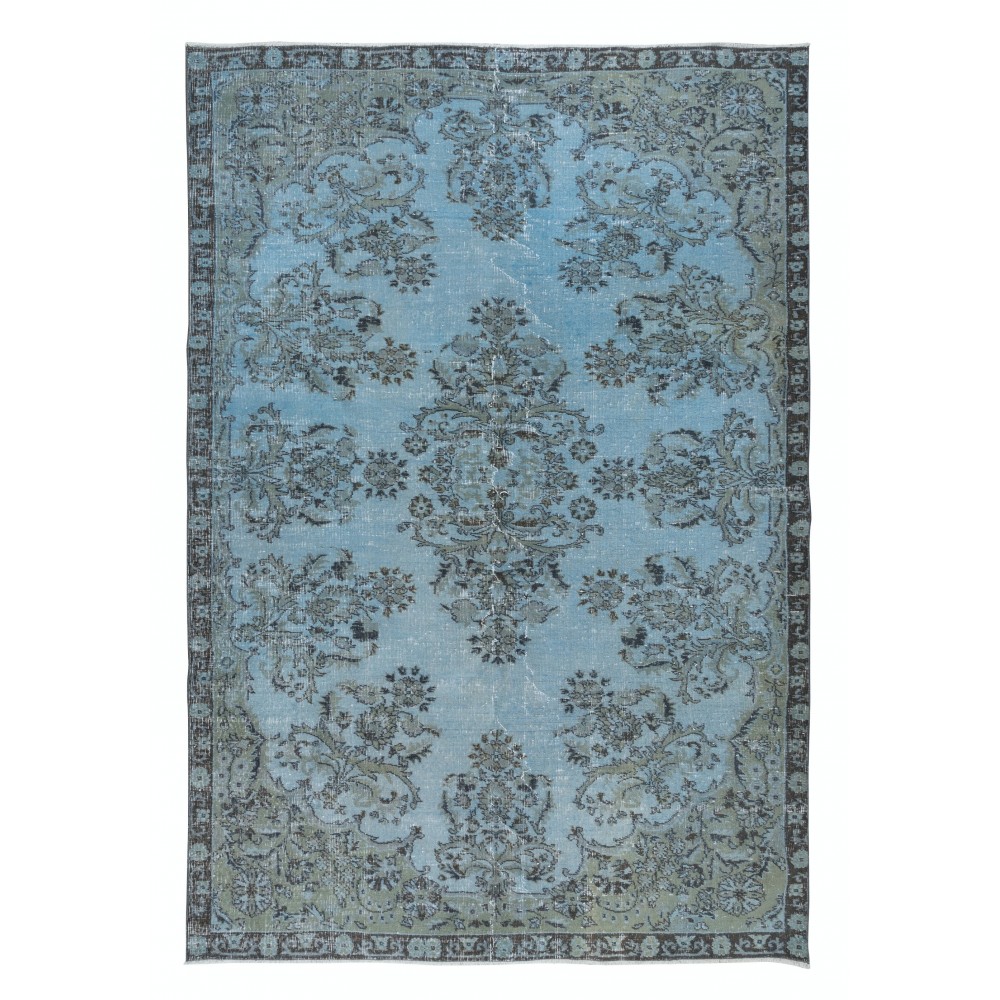 Turkish Handmade Floral Rug in Light Blue, Modern Sky Blue Carpet, Low Pile Floor Covering