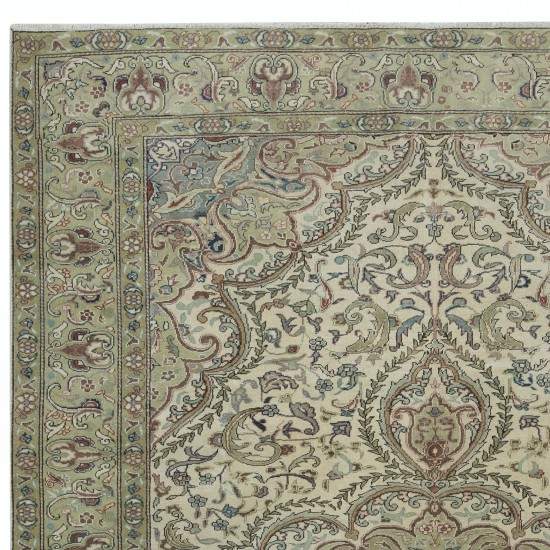 Traditional Hand Knotted Turkish Area Rug in Green Tones with Medallion Design