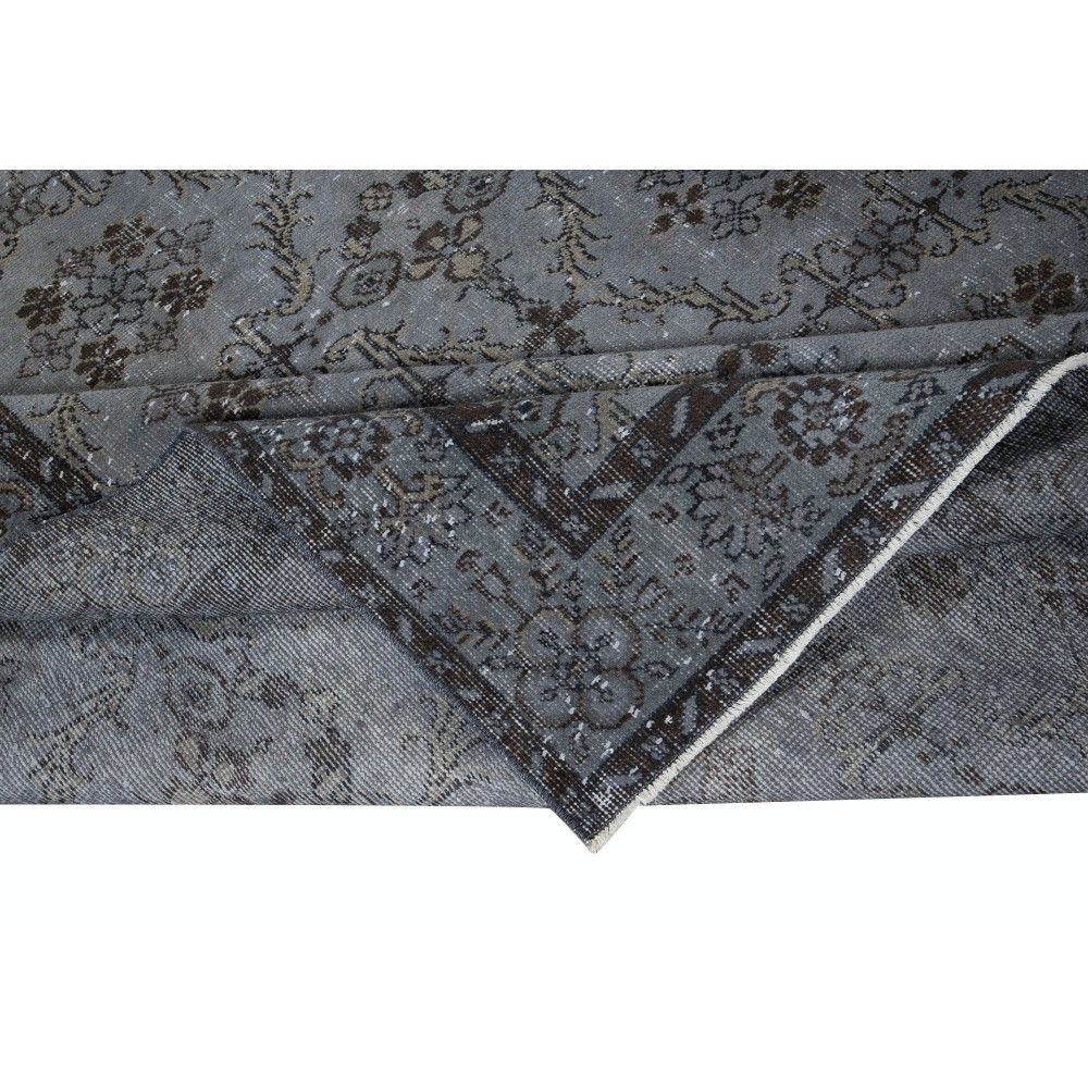 Handmade Turkish Rug with Botanical Design and Gray Background