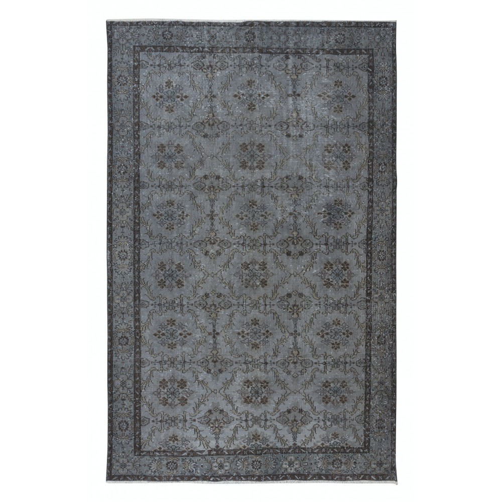 Handmade Turkish Rug with Botanical Design and Gray Background