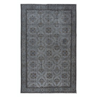Handmade Turkish Rug with Botanical Design and Gray Background