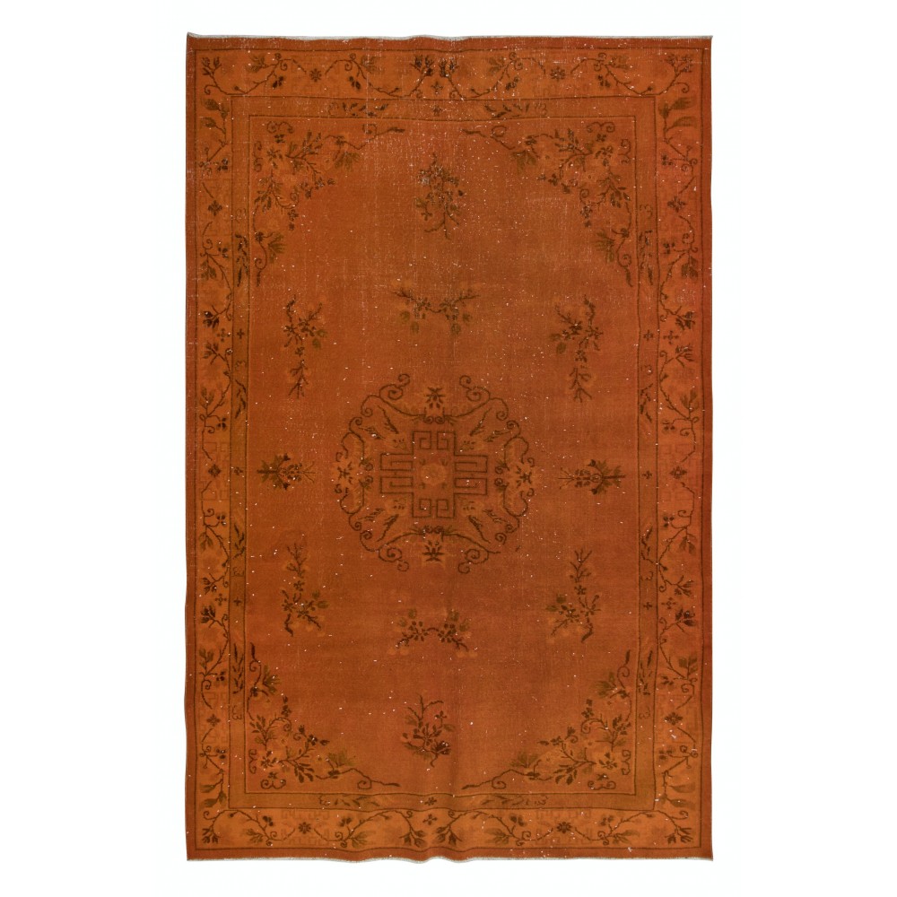 Handmade Turkish Rug, Orange Art Deco Design Carpet for Modern Living Room