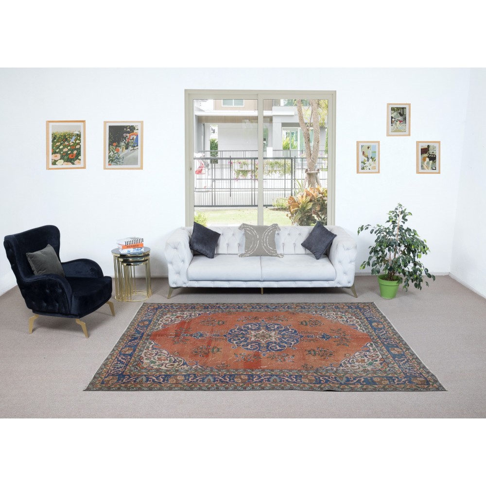 Traditional Vintage Handmade Turkish Rug in Red & Navy Blue with Medallion